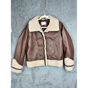 Universal Thread Brown Faux Leather Sherpa Trim Aviator Bomber Jacket Womens M